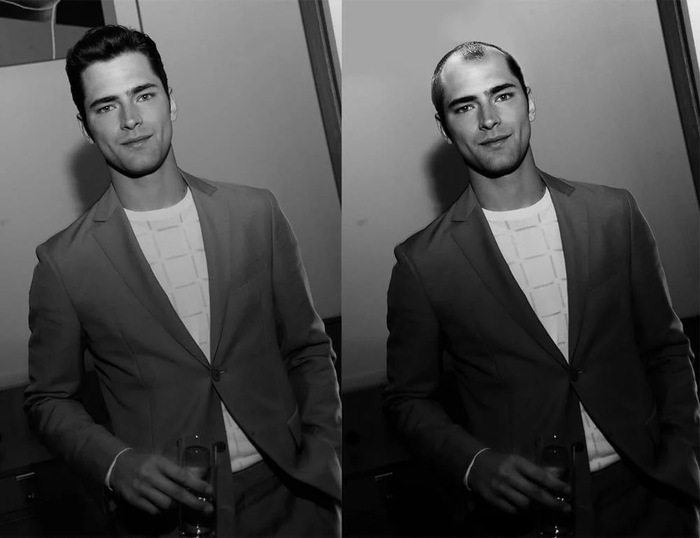 Man in blazer with and without hair