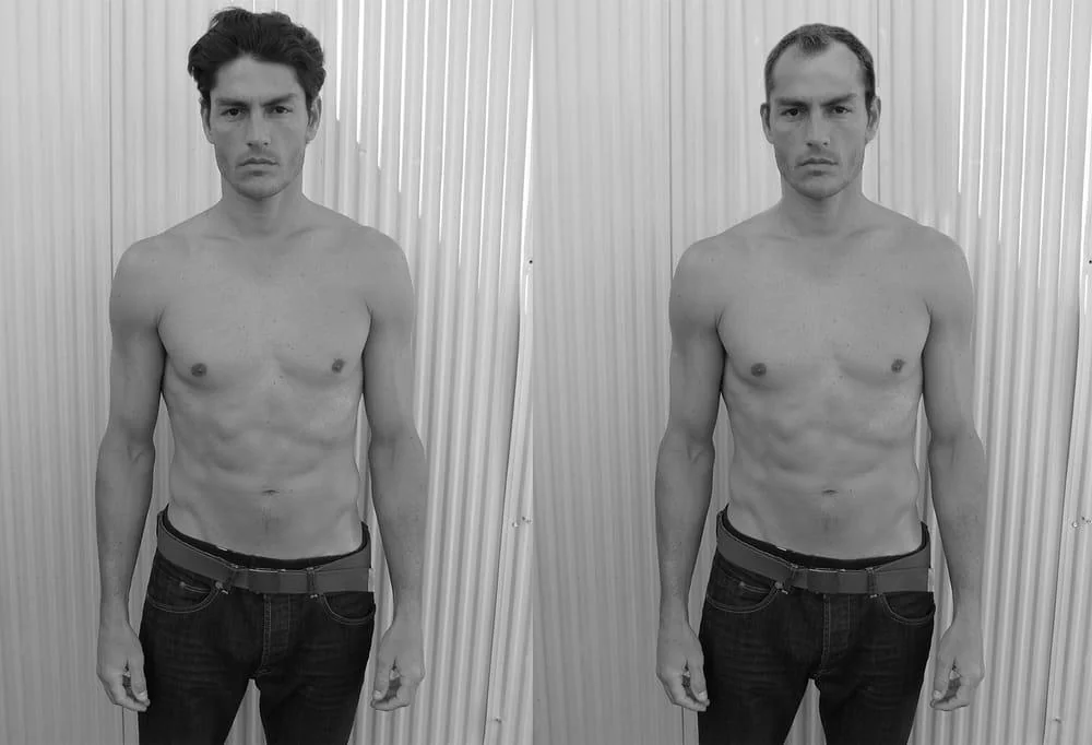 Shirtless model with and without hair